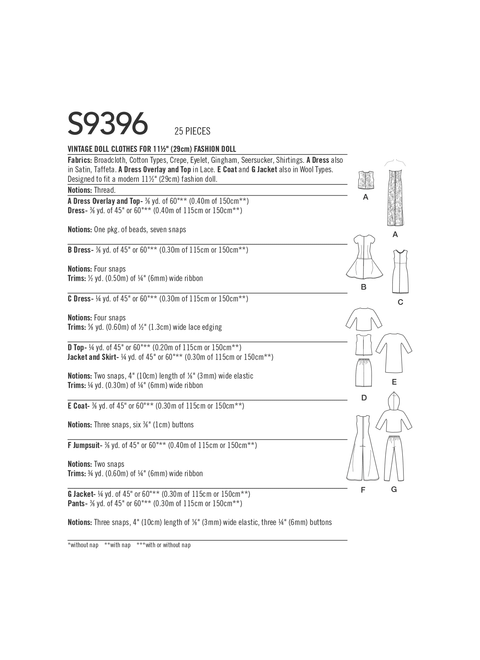 Simplicity S9396 | Vintage Doll Clothes for 11-1/2" Doll | Back of Envelope