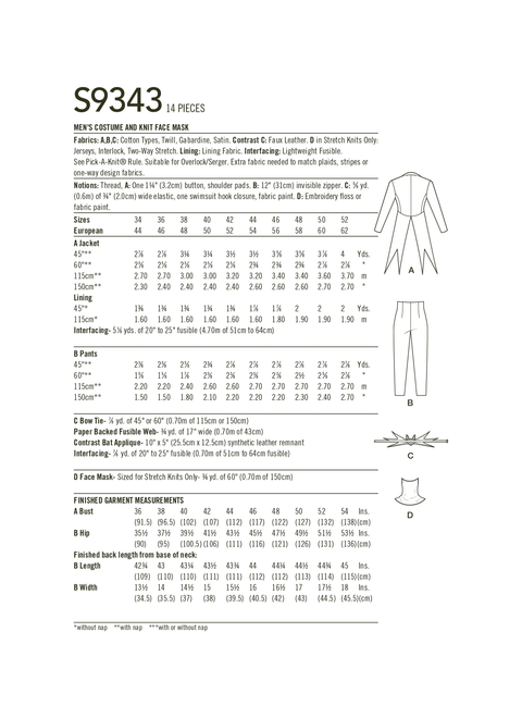 Simplicity S9343 | Men's Costume and Knit Face Mask | Back of Envelope