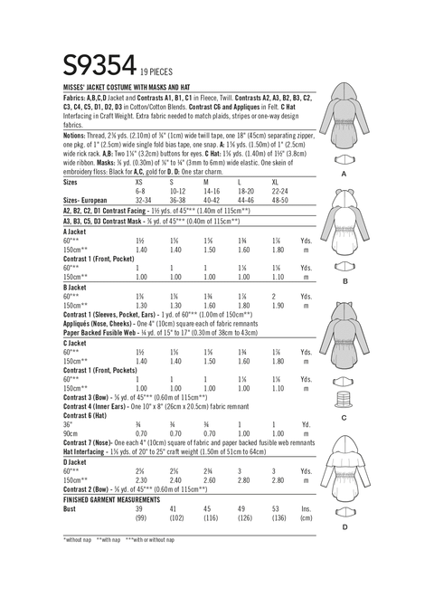 Simplicity S9354 | Misses' Jacket Costume with Masks and Hat | Back of Envelope