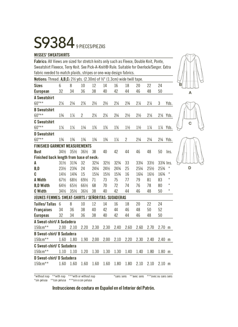 Simplicity S9384 | Misses' Sweatshirts | Back of Envelope