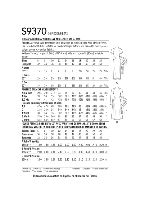 Simplicity S9370 | Misses' Knit Dress with Sleeve and Length Variations | Back of Envelope