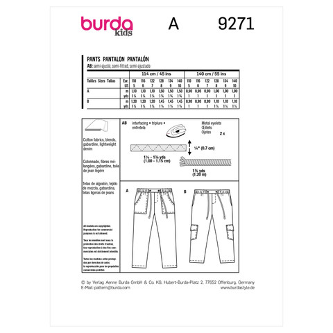 Burda Style BUR9271 | Children's Slip-on Trousers and Pants with Elastic and Patch Pockets | Back of Envelope