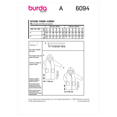Burda Style BUR6094 | Misses' Bathrobe with Hood and Patch Pockets | Back of Envelope