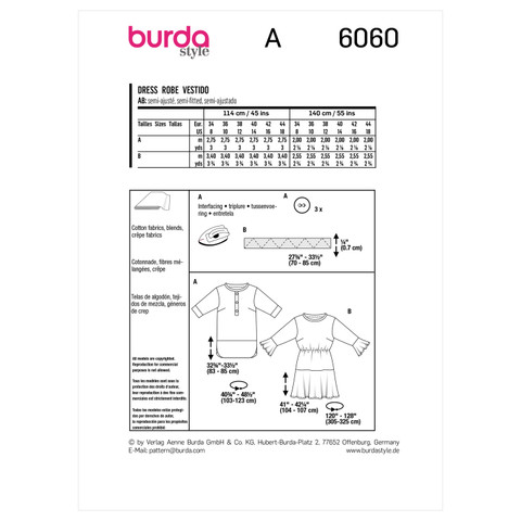 Burda Style BUR6060 | Misses' Tunic Top with Bands and Rounded Off Slits and Dress with Flounces and Elastic at Waist | Back of Envelope