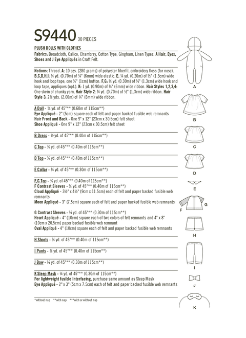 Simplicity S9440 | Plush Dolls with Clothes | Back of Envelope