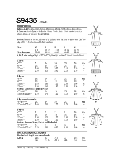 Simplicity S9435 | Misses' Aprons | Back of Envelope