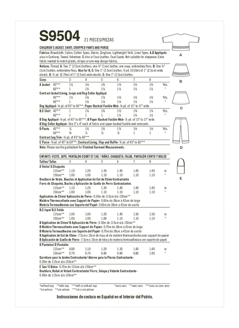 Simplicity S9504 | Children's Jacket, Skirt, Cropped Pants and Purse | Back of Envelope