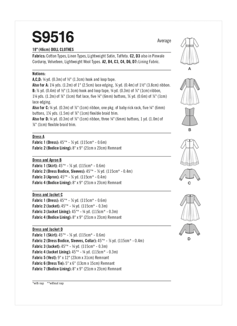 Simplicity S9516 | 18" Doll Clothes | Back of Envelope