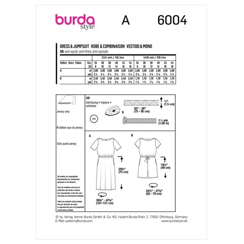 Burda Style BUR6004 | Misses' Dress and Jumpsuit | Back of Envelope