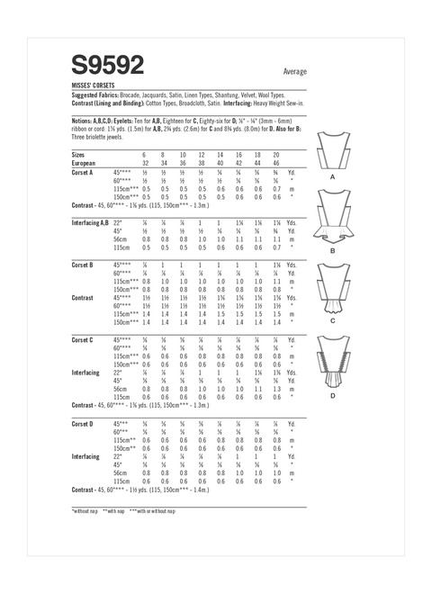 Simplicity S9592 | Misses' Corsets | Back of Envelope