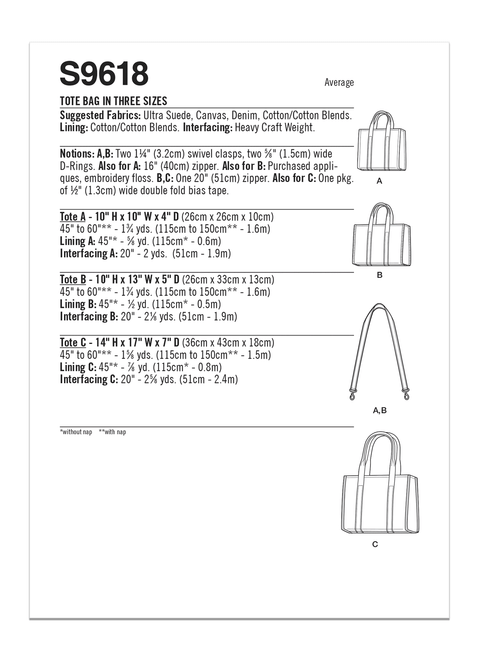 S1338  Simplicity Sewing Pattern Tote Bags in 3 Sizes, Backpack
