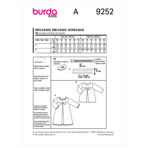 Burda Style BUR9252 | Children's Sundress and Blouse | Back of Envelope