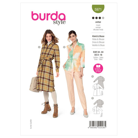 Burda Style BUR5971 | Misses' Shirt Dress and Blouse with Cuffed Sleeves | Front of Envelope