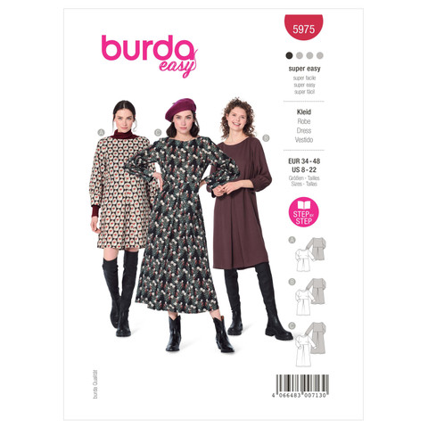 Burda Style BUR5975 | Misses' Dress with Scoop Neckline and Sleeve Bands | Front of Envelope