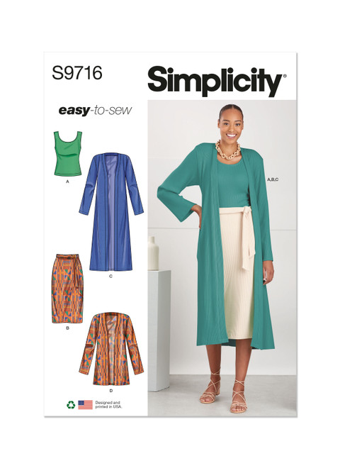 Simplicity S9716 | Misses' Knit Top, Cardigan and Skirt | Front of Envelope