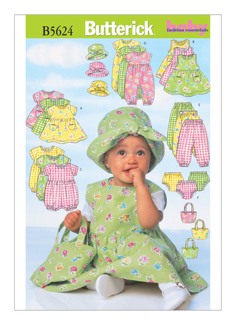 Butterick B5624 | Infants' Dress, Jumper, Romper, Jumpsuit, Panties, Hat and Bag | Front of Envelope