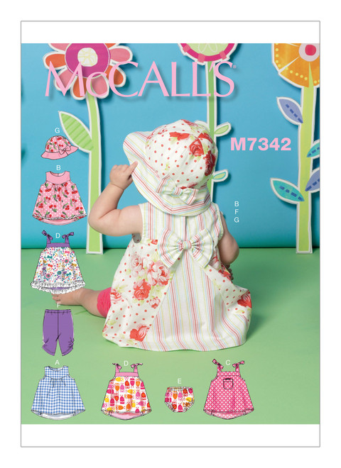 McCall's M7342 | Infants' Back-Bow Dresses, Panties, Leggings and Bucket Hat | Front of Envelope