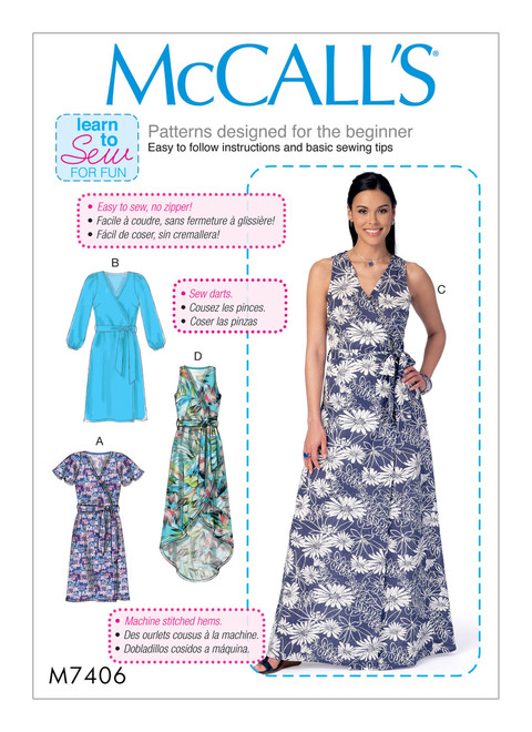 McCall's M7406 | Misses' Wrap Dresses and Belt | Front of Envelope