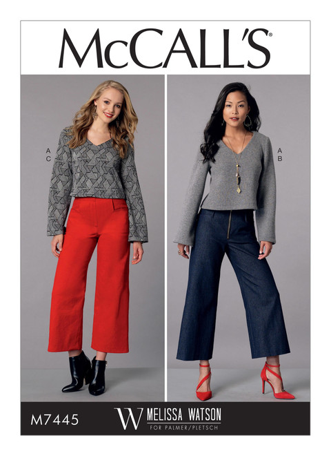 PDM7445, Misses' V-Neck Top and Cropped, Wide-Leg Pant