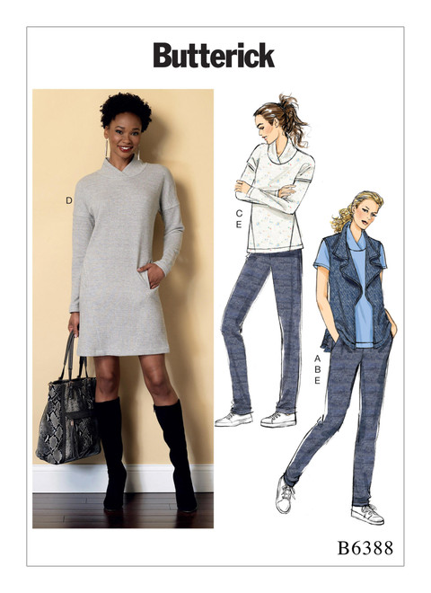 Butterick B6388 (Digital) | Misses' Lapped Collar Tops and Dress, Draped Collar Vest, and Pleated Pants | Front of Envelope