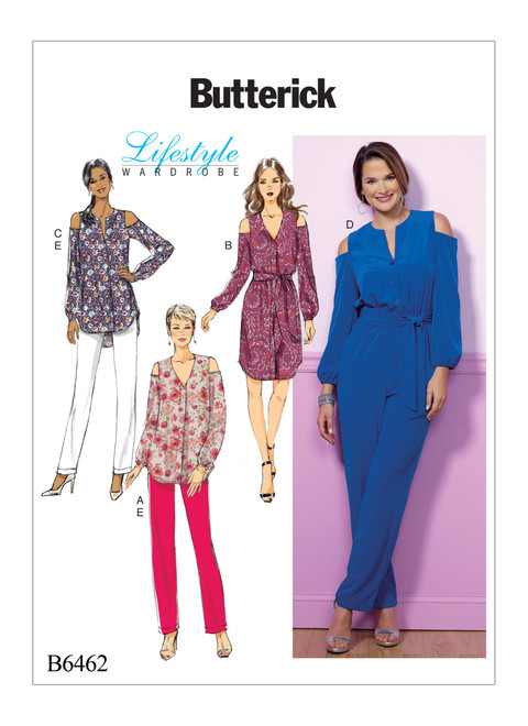 Butterick B6462 (Digital) | Misses' Cold-Shoulder Top, Tunic, Dress and Jumpsuit with Sash, and Pull-On Pants | Front of Envelope