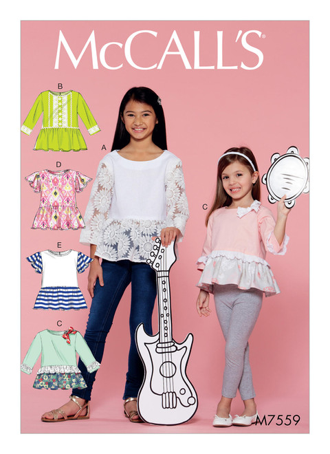 McCall's M7559 (Digital) | Children's/Girls' Peplum-Style Tops with Trim Variations | Front of Envelope