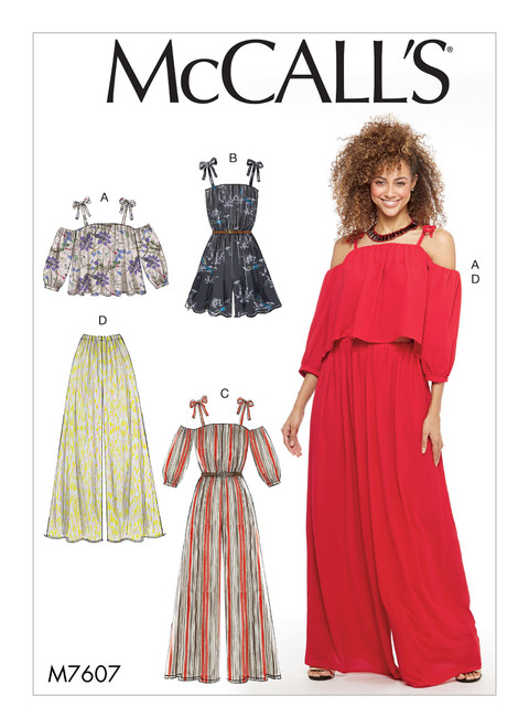 McCall's M7607 (Digital) | Misses' Off-the-Shoulder Top, Romper, and Jumpsuit With Ties, and Pull-On Pants | Front of Envelope