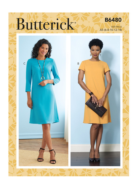 Butterick B6480 | Misses' Dresses with Hip Detail, Neck and Sleeve Variations | Front of Envelope