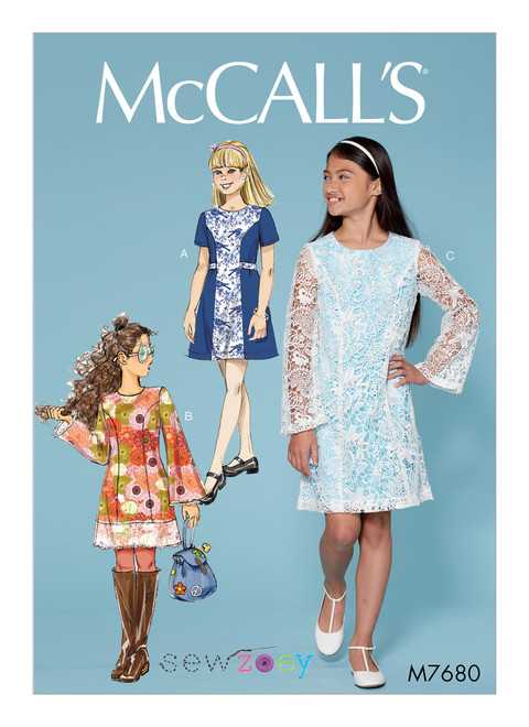 McCall's M7680 (Digital) | Girls' Princess Seam Dresses with Contrasts | Front of Envelope