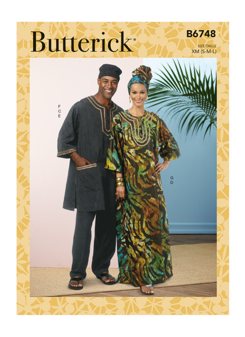 Butterick B6748 | Misses'/Men's Tunic, Caftan, Pants, Hat and Head Wrap | Front of Envelope