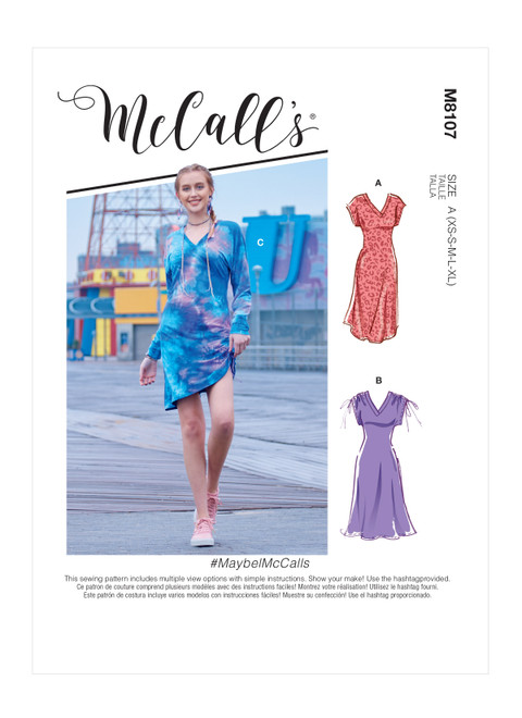 McCall's M8107 (Digital) | Misses' V-Neck Pull-Over Knit Dresses With Drawstring Detail | Front of Envelope