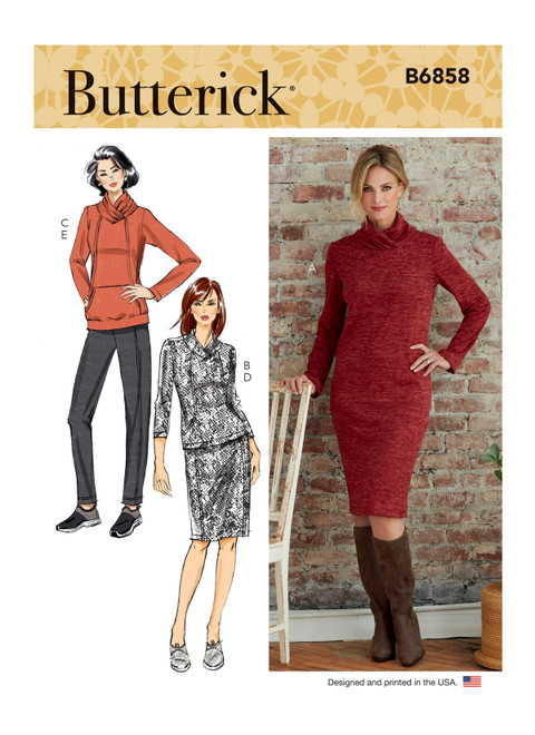 Butterick B6858 (Digital) | Misses' Knit Dress, Tops, Skirt and Pants | Front of Envelope