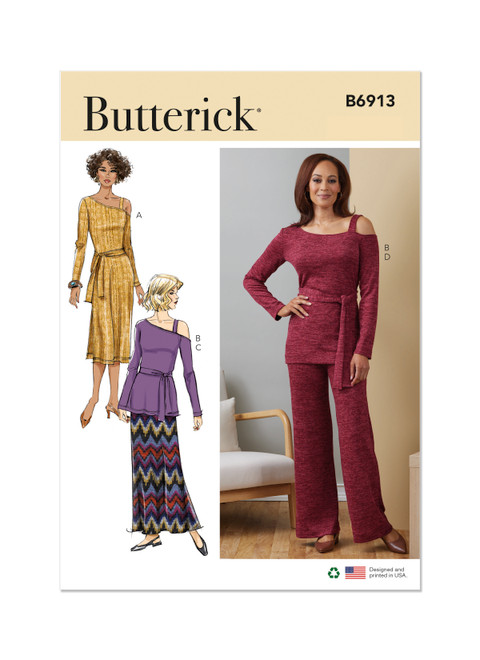 Butterick B6913 | Misses' Knit Dress, Top, Skirt and Pants | Front of Envelope