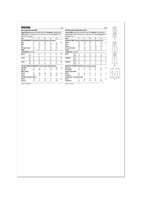 McCall's M8396 (PDF) | Girls' Shorts and Cargo Pants | Back of Envelope