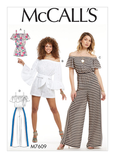 M7609 (PDF) | Misses' Pull-On Off-the-Shoulder Rompers and