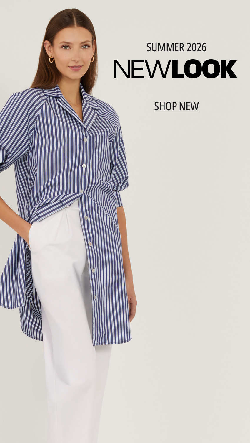 New Look Summer 2026 Woman wearing a striped button down top with white pants.