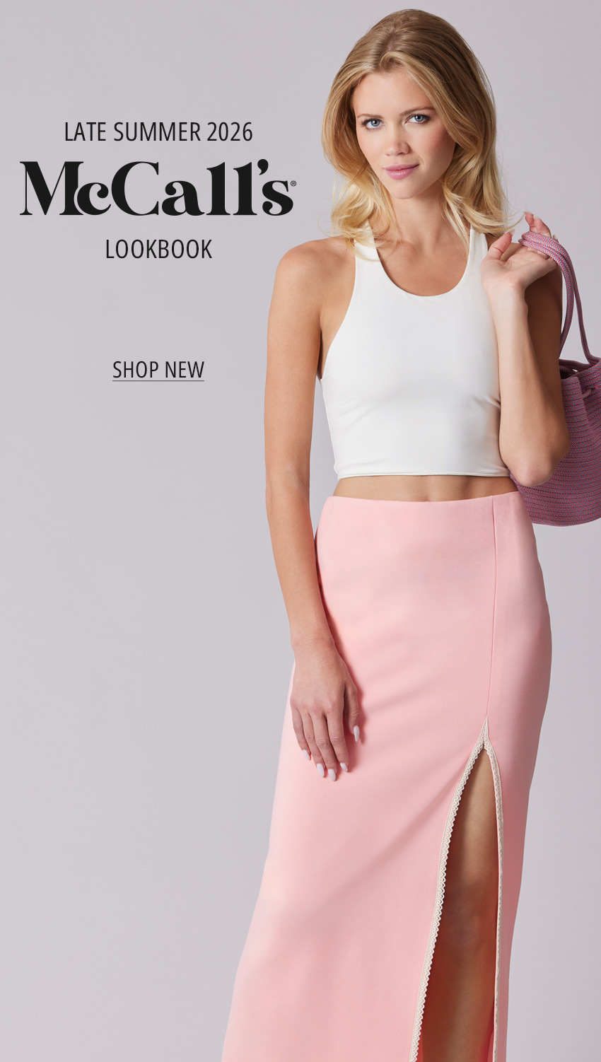 McCalls Late Summer 2026 Woman wearing pink skirt with lace trim