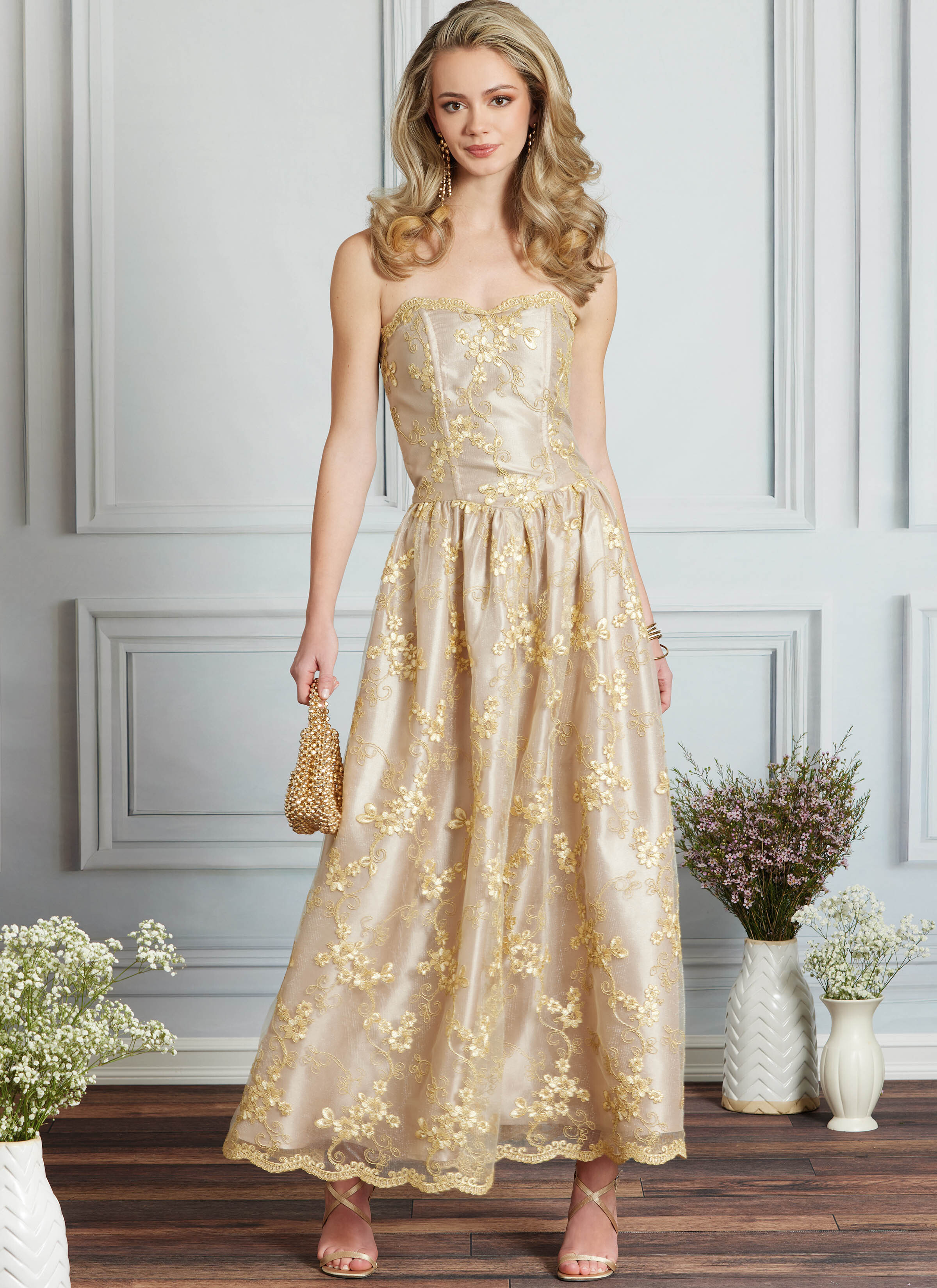 Woman in gold formal dress.