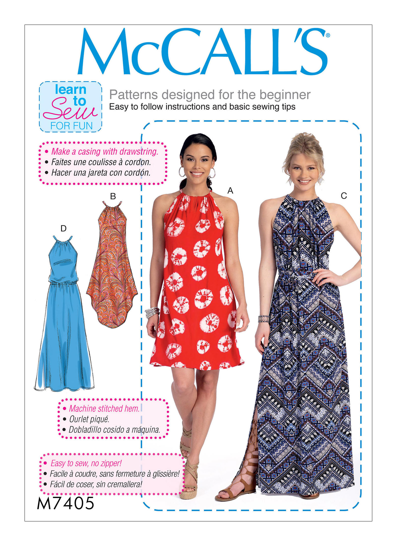 M7405 | Misses' Gathered-Neckline Dresses with Ties, and