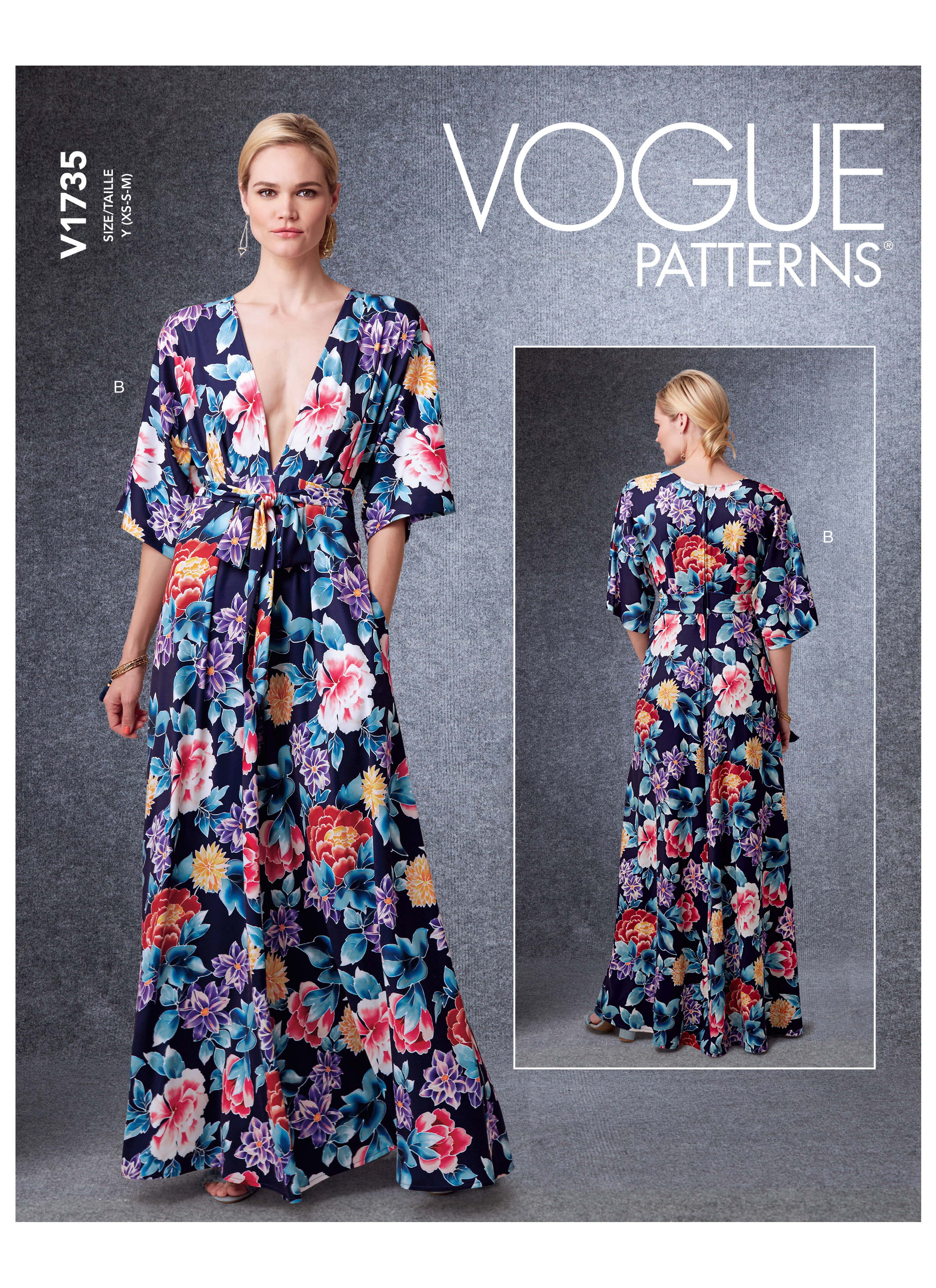 vogue レイニー V1735 | Misses' Deep-V Kimono-Style Dresses with Self-Tie