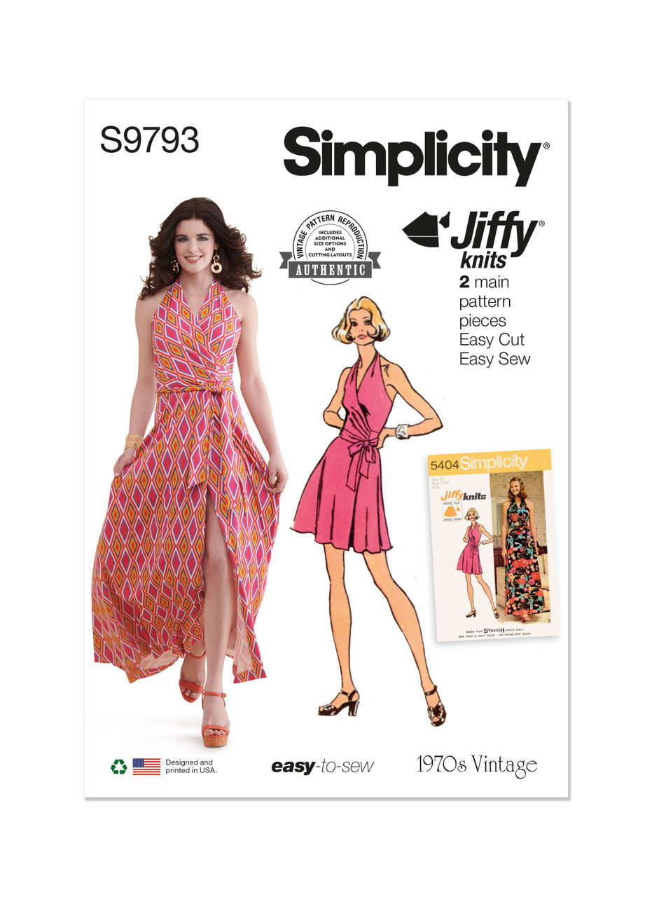 Simplicity S9793 | Misses' Knit Front-Wrap Halter-Dress in Two Lengths | Front of Envelope
