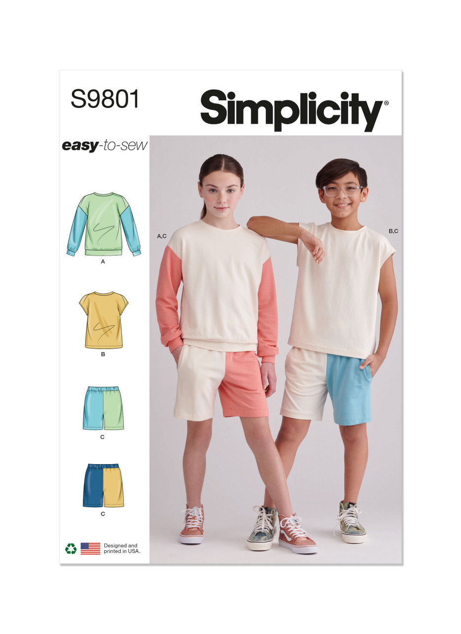 Simplicity S9801 | Girls' and Boys' Sweatshirts and Shorts | Front of Envelope