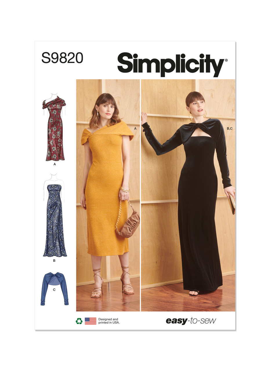 Simplicity S9820 | Misses' Knit Dresses and Shrug | Front of Envelope