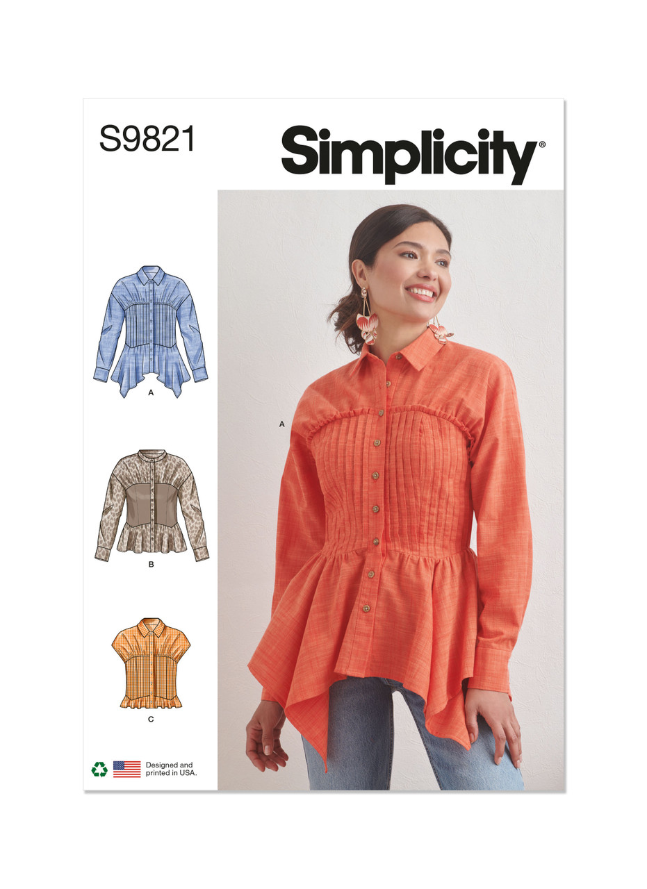 Simplicity S9821 | Misses' Blouse with Collar, Sleeve and Hemline Variations | Front of Envelope