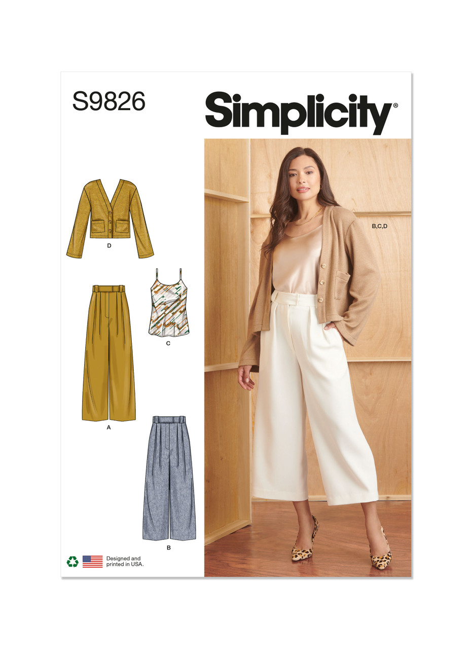 Simplicity S9826 | Misses' Pants in Two Lengths, Camisole and Cardigan | Front of Envelope