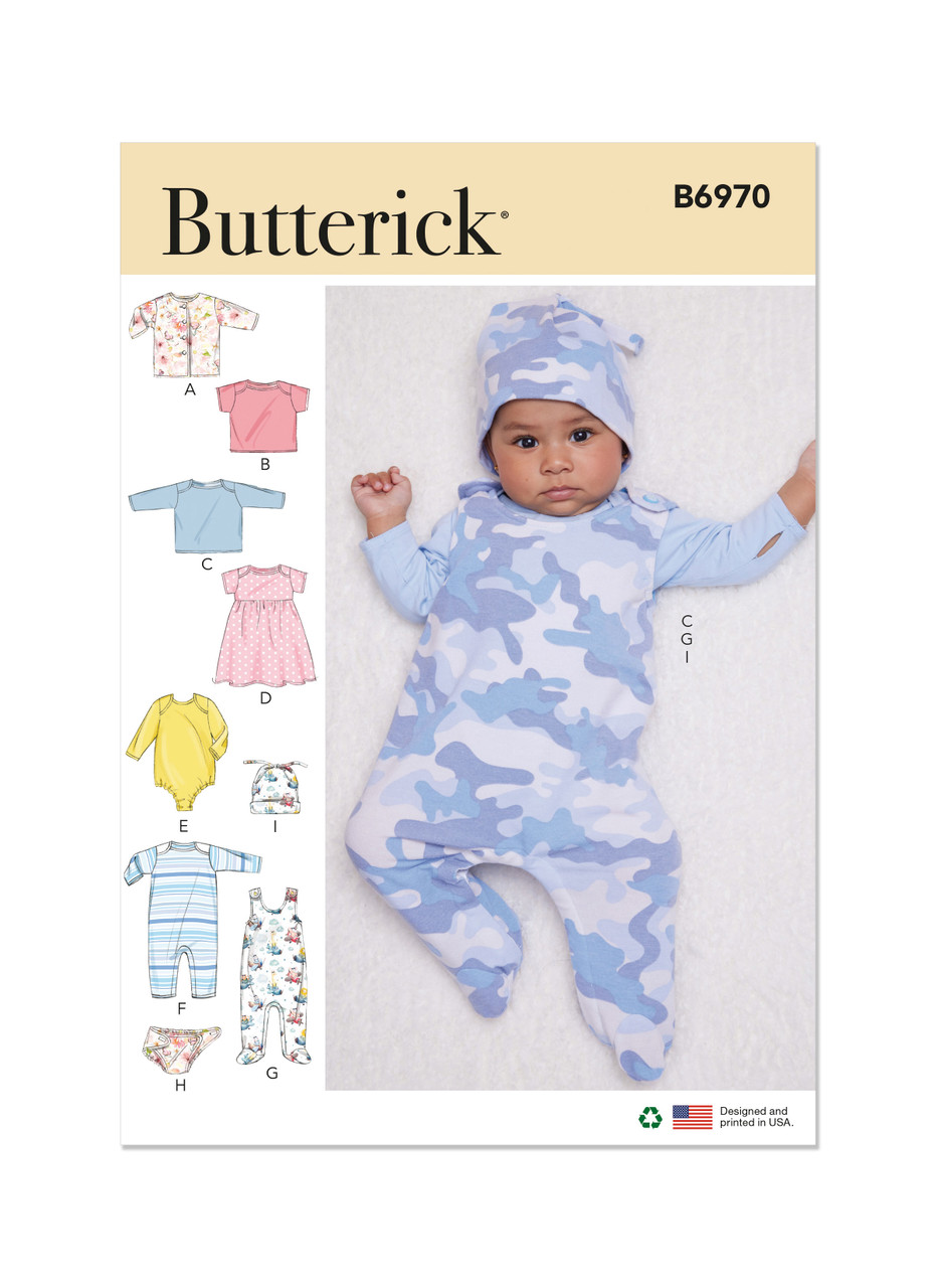 Butterick B6970 | Infants' Jacket, Tops, Dress, Rompers, Diaper Cover and Hat | Front of Envelope