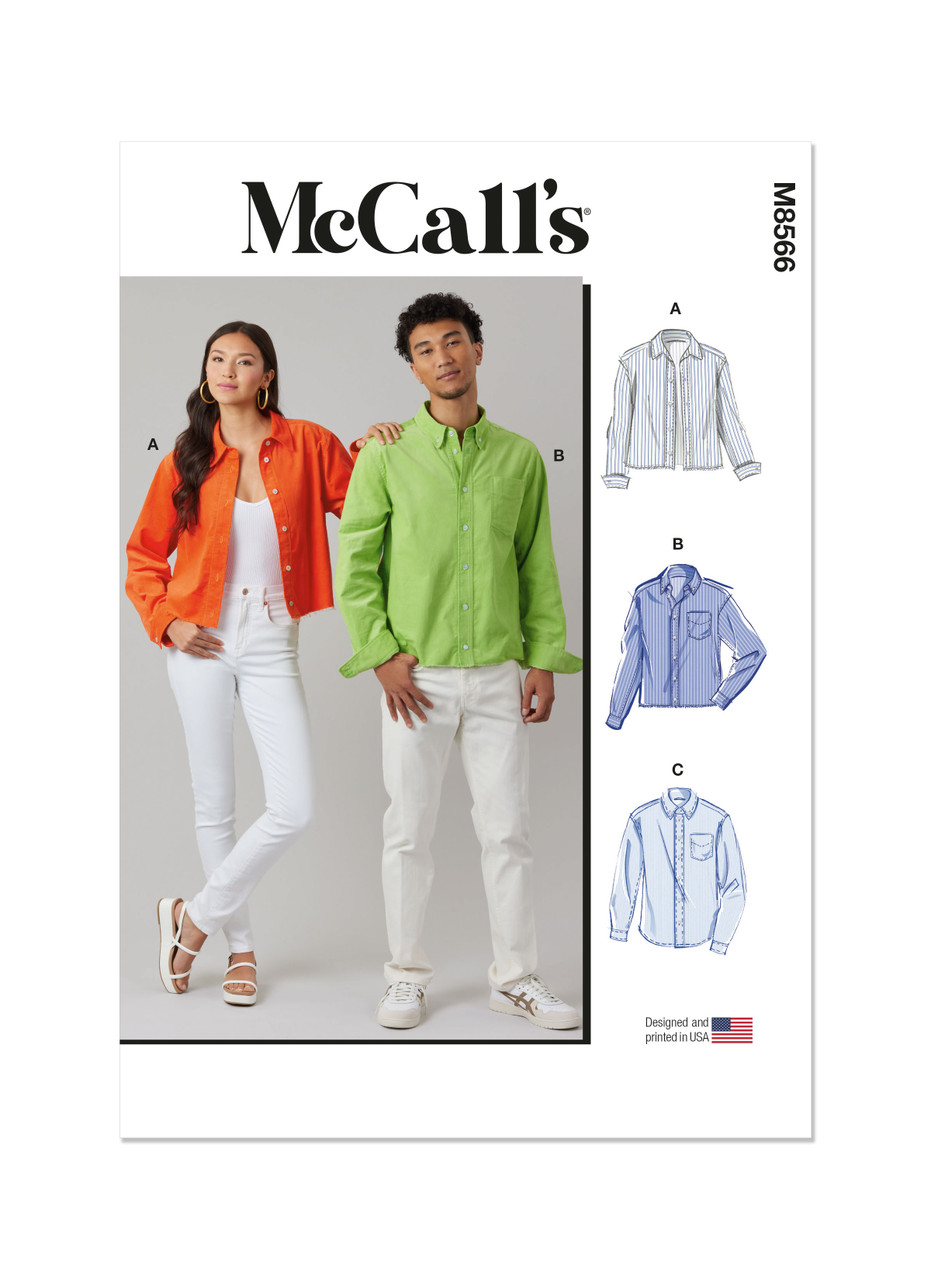 McCall's M8566 | McCall's Sewing Pattern Unisex Shirt in Three Lengths | Front of Envelope
