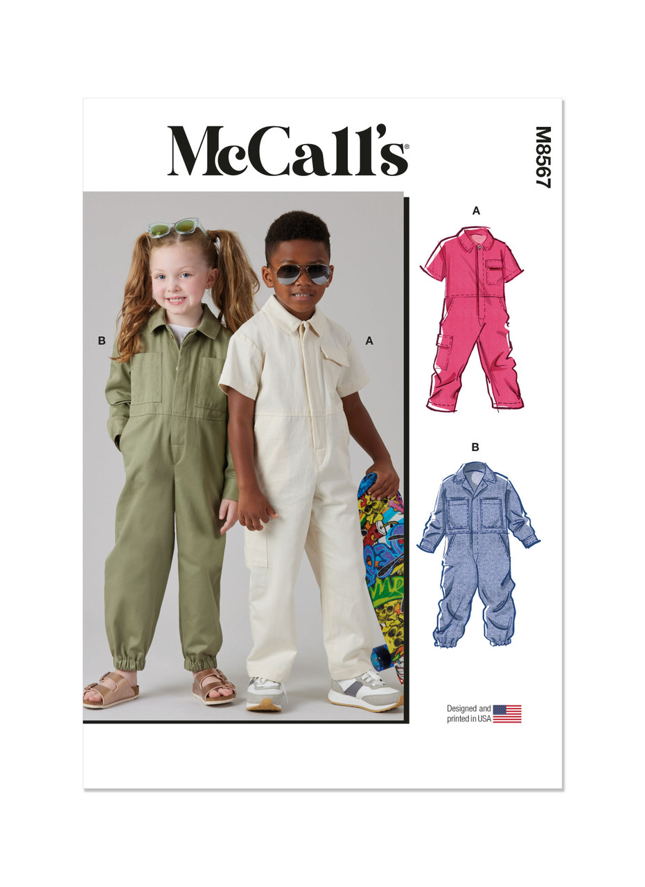 McCall's M8567 | McCall's Sewing Pattern Children's Jumpsuit with Sleeve Variations | Front of Envelope