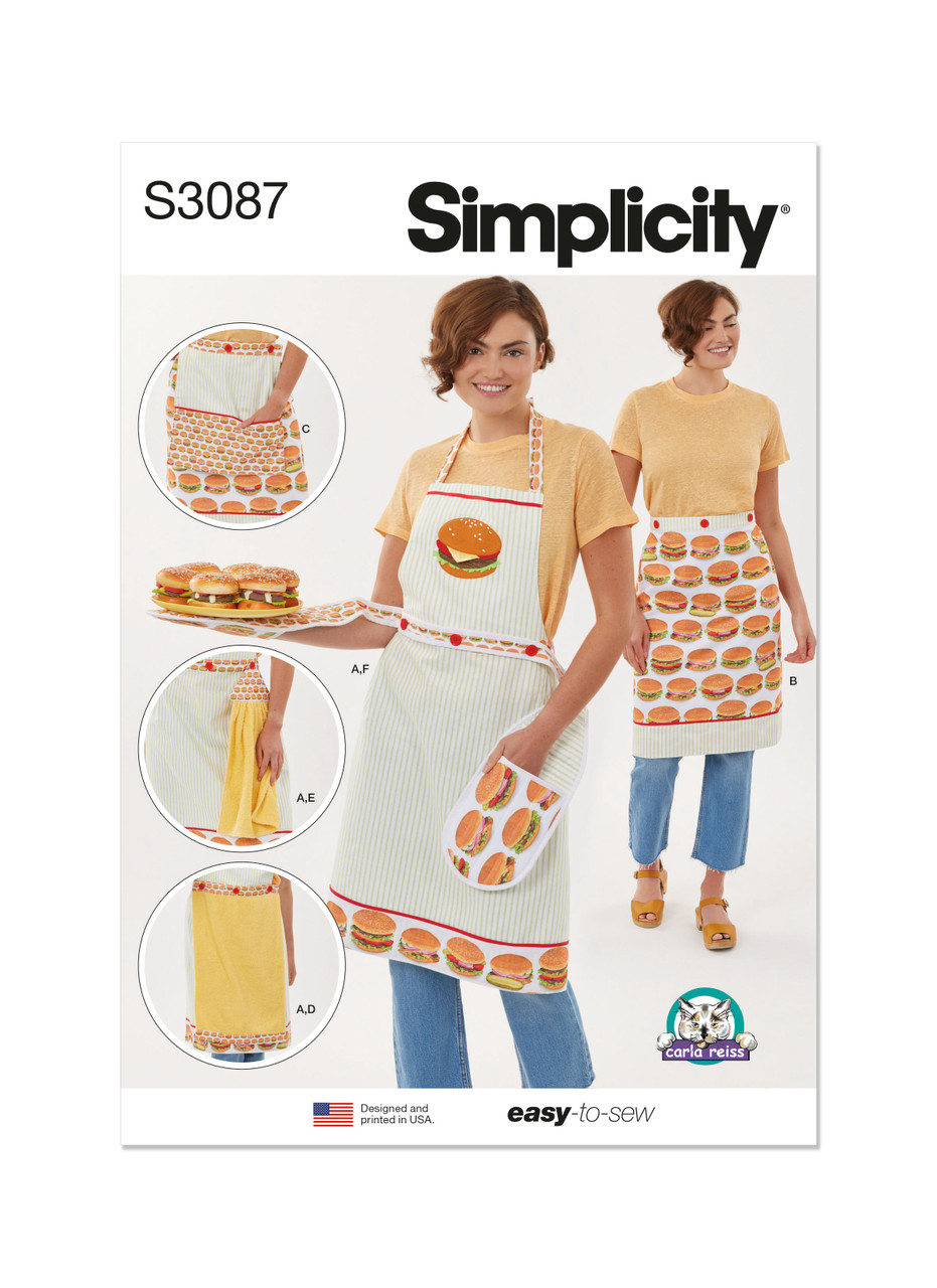 Simplicity S3087 | Simplicity Sewing Pattern Aprons in Sizes S-M-L and Kitchen Accessories by Carla Reiss | Front of Envelope
