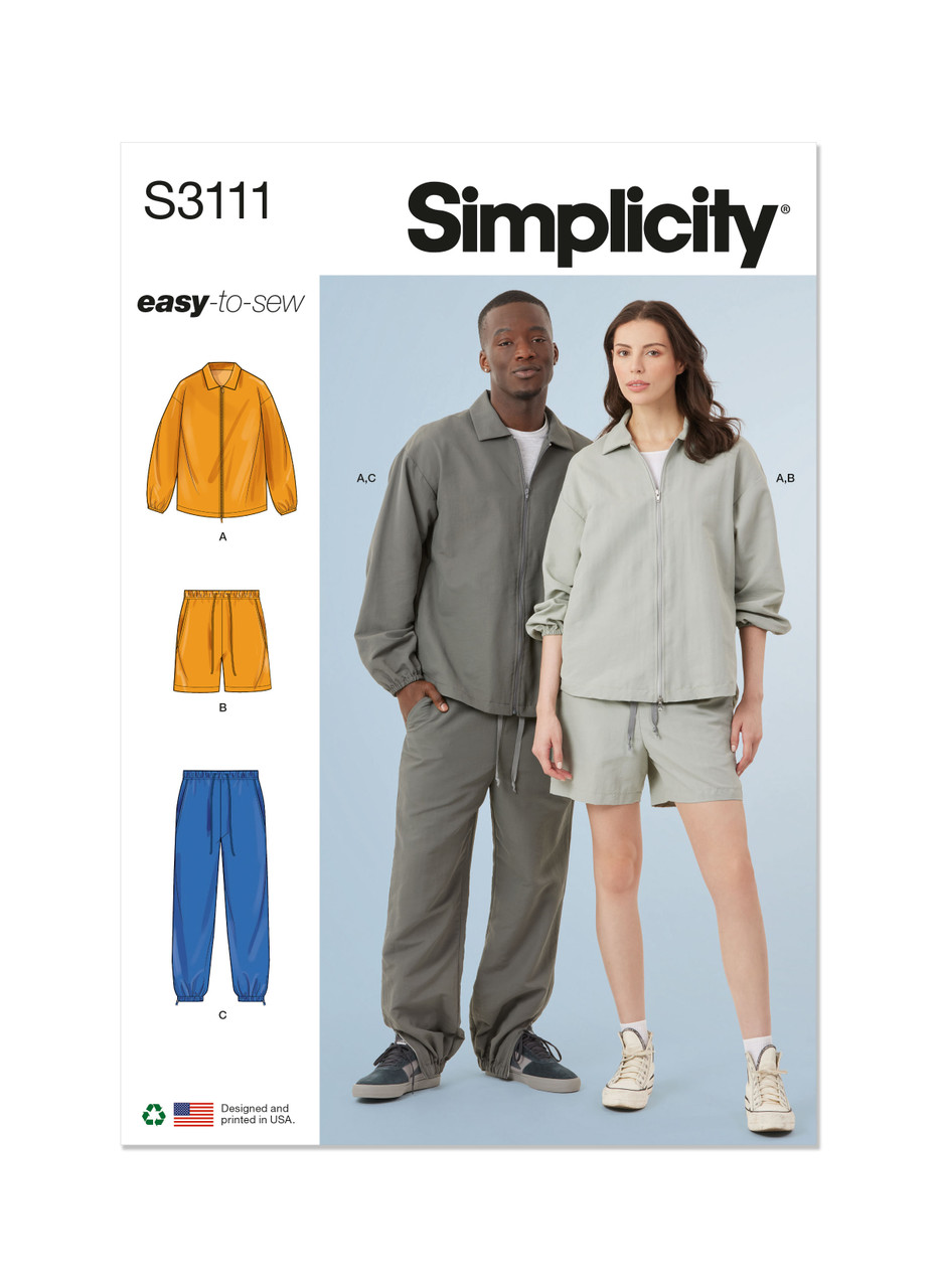Simplicity S3111 | Simplicity Sewing Pattern Unisex Jacket, Shorts and Pants | Front of Envelope